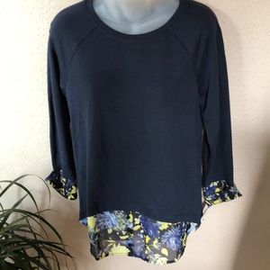 AGB navy blue layered knit top with floral Chiffon Contrast  hem small NWT